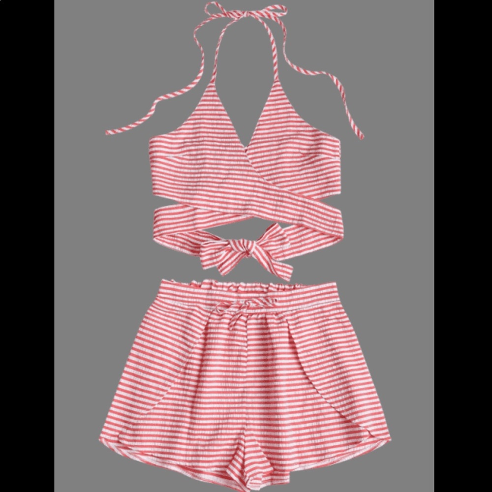 Seersucker Striped Wrap Top and Shorts Set - Picture 3 of 7